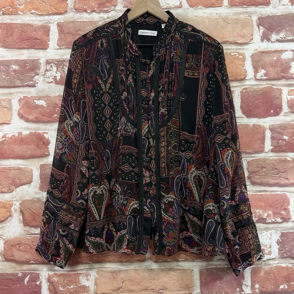Coldwater Creek Top Women's XL Black Multicolor Boho Floral Embroidered Shirt - Picture 7 of 9